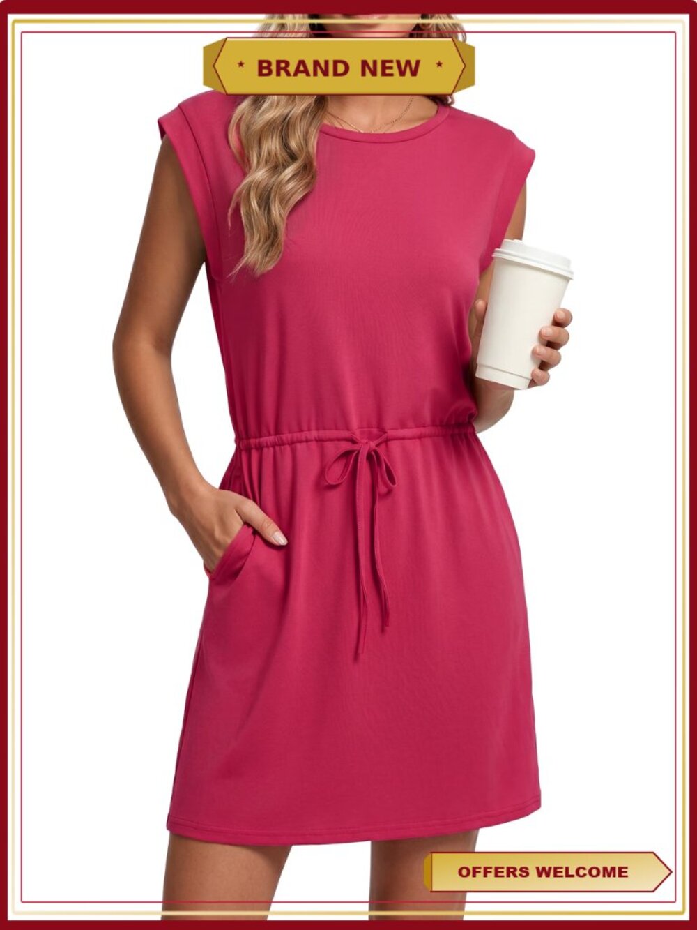 Sleeveless T-Shirt Dress with Pockets Drawstring Waist Casual
